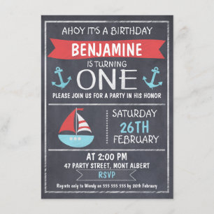 Nautical Chalkboard 1st Birthday Uitnodiging