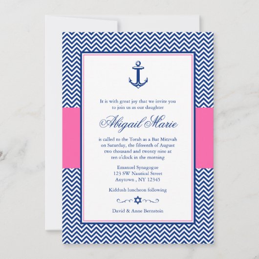 Nautical Chevron Anchor Blue Pink Bat Mitzvah Kaart (Voorkant)