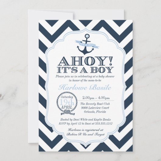 Nautical Chevron Baby Boy Shower Uitnodiging blauw (Voorkant)