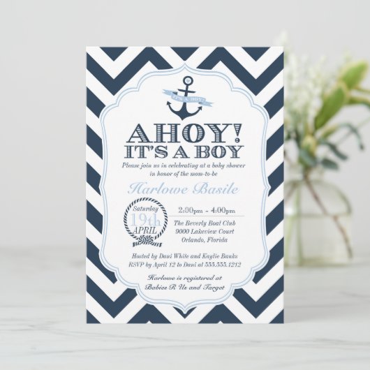 Nautical Chevron Baby Boy Shower Uitnodiging blauw (Staand voorkant)
