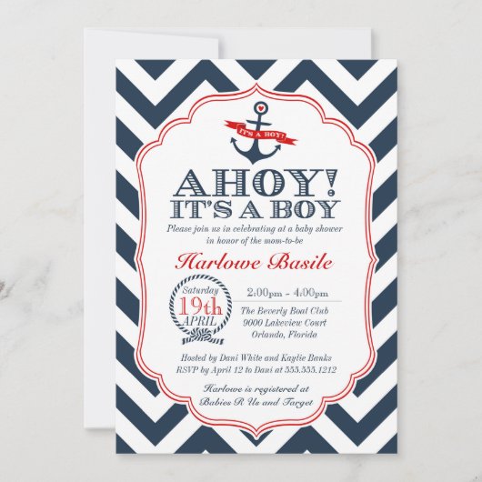 Nautical Chevron Baby Boy Shower Uitnodiging rood (Voorkant)