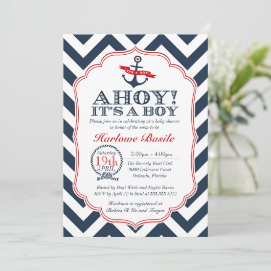 Nautical Chevron Baby Boy Shower Uitnodiging rood (Staand voorkant)