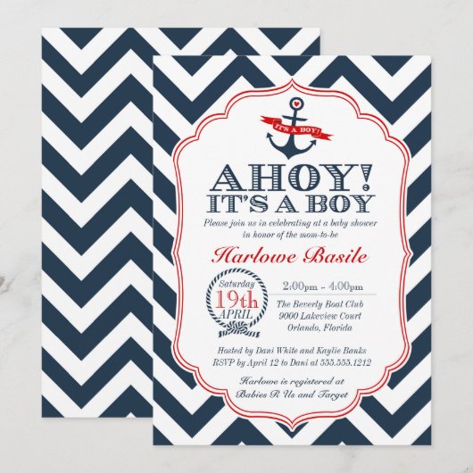 Nautical Chevron Baby Boy Shower Uitnodiging rood (Voorkant / Achterkant)