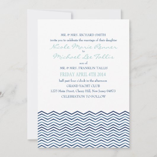 Nautical Chevron Waves Wedding Invitation Kaart (Voorkant)