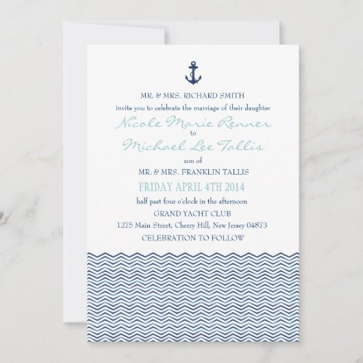 Nautical Chevron Waves Wedding Invitation Kaart (Voorkant)