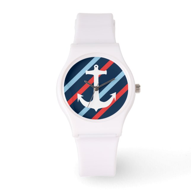 Nautical chic anchor navy blue rode strepen horloge (Voorkant)