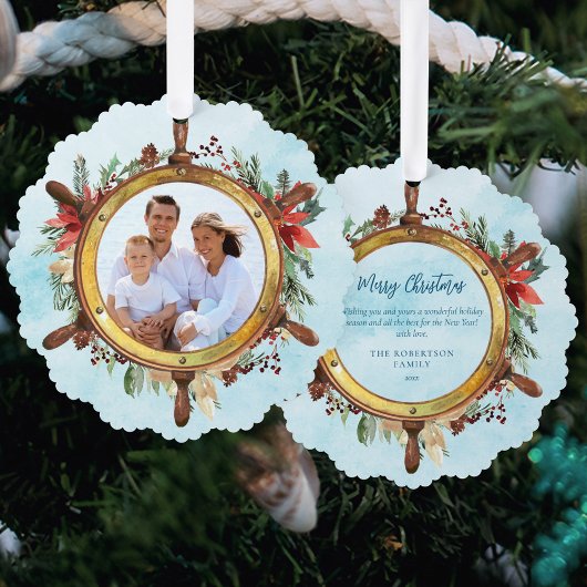 Nautical Christmas Ship Wheel Photo Ornament Kaart