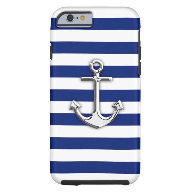Nautical Chrome Anchor on Navy Stripes Case-Mate iPhone Case (Achterkant)