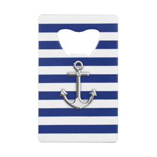 Nautical Chrome Anchor on Navy Stripes Creditkaart Flessenopener