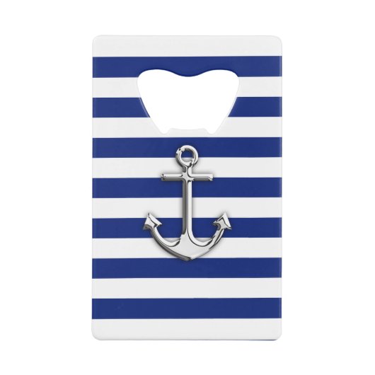 Nautical Chrome Anchor on Navy Stripes Creditkaart Flessenopener (Voorkant)