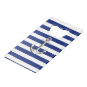 Nautical Chrome Anchor on Navy Stripes Creditkaart Flessenopener (Voorkant Gekanteld)
