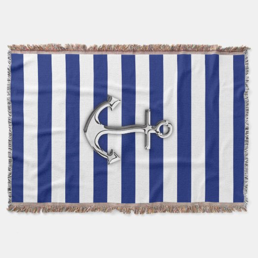 Nautical Chrome Anchor on Navy Stripes Deken (Voorkant)