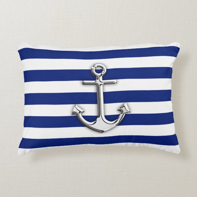 Nautical Chrome Anchor on Navy Stripes Print Accent Kussen (Voorkant)