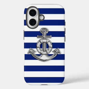 Nautical Chrome Anchor on Navy Stripes Print iPhone 16 Hoesje