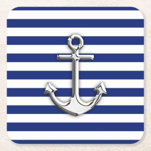 Nautical Chrome Anchor on Navy Stripes Print Kartonnen Onderzetters