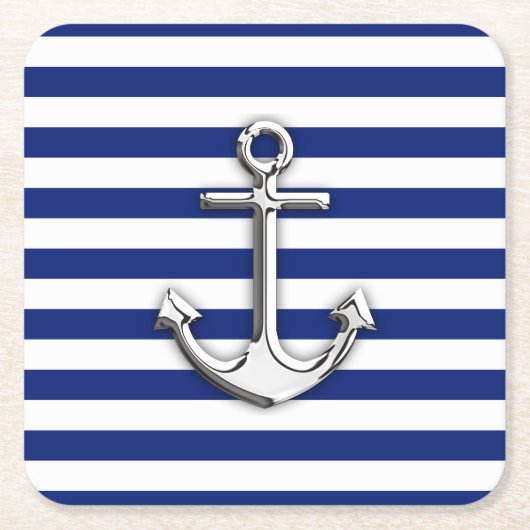 Nautical Chrome Anchor on Navy Stripes Print Kartonnen Onderzetters (Voorkant)
