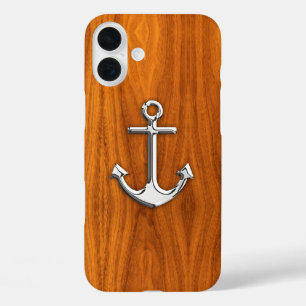 Nautical Chrome Anchor on Teak Wood Print iPhone 16 Plus Hoesje