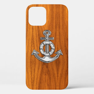 Nautical Chrome Anchor on Teak Wood Print iPhone 12 Pro Hoesje