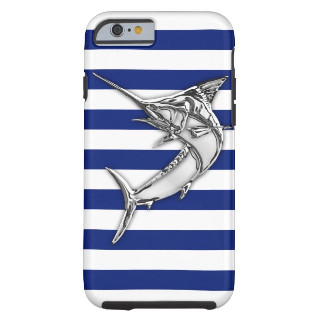Nautical Chrome Blue Marlin on Navy Stripes Print Case-Mate iPhone Case (Achterkant)