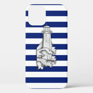 Nautical Chrome Lighthouse on Navy Stripes Print iPhone 12 Hoesje
