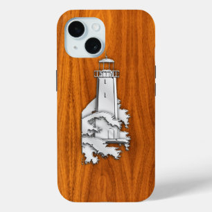 Nautical Chrome Lighthouse on Teak Wood Print iPhone 15 Case