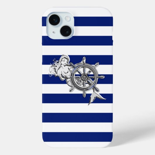 Nautical Chrome Mermaid on Navy Stripes Print Case-Mate iPhone Case (Achterkant)