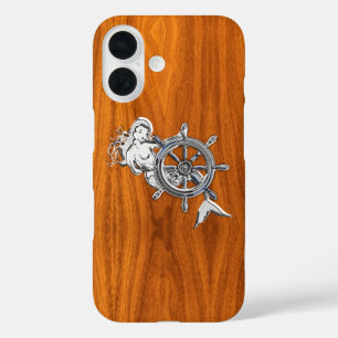 Nautical Chrome Mermaid on Teak Wood Print iPhone 16 Hoesje