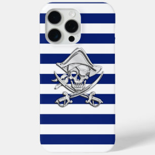 Nautical Chrome Pirate on Navy Stripes Print iPhone 15 Pro Max Hoesje