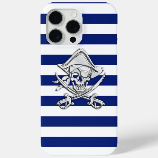 Nautical Chrome Pirate on Navy Stripes Print Case-Mate iPhone Case (Achterkant)