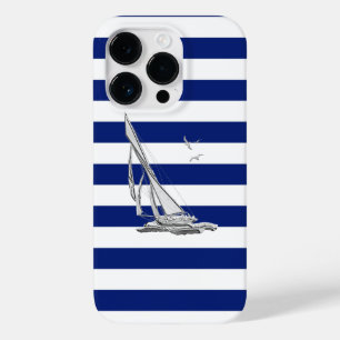 Nautical Chrome Sail Boat on Navy Stripes Print Case-Mate iPhone Case