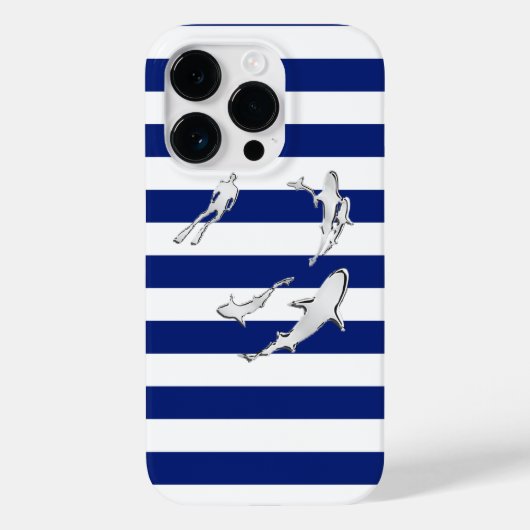 Nautical Chrome Sharks op Navy Stripes Print Case-Mate iPhone Case (Achterkant)