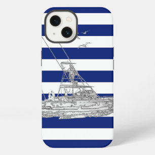 Nautical Chrome Sport Vissen op Navy Strepen Print iPhone 13 Hoesje