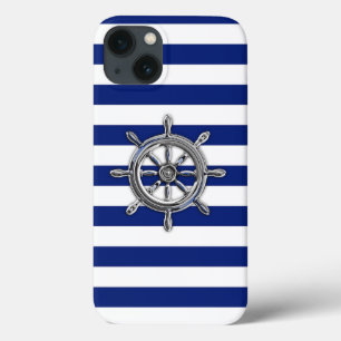 Nautical Chrome Wheel on Navy Stripes Print Case-Mate iPhone Case
