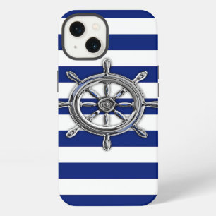 Nautical Chrome Wheel on Navy Stripes Print iPhone 13 Hoesje