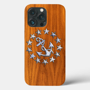 Nautical Chrome Yacht Vlag op Teak Wood Print iPhone 13 Pro Hoesje