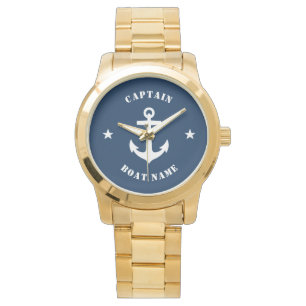 Nautical Classic Anchor Captain Boat Name Navy Horloge