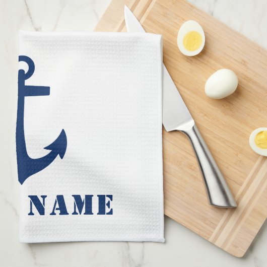 Nautical Classic Anchor Uw Bootnaam Blauwe Streep Theedoek (Quarter Fold)