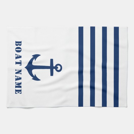 Nautical Classic Anchor Uw Bootnaam Blauwe Streep Theedoek (Horizontaal)