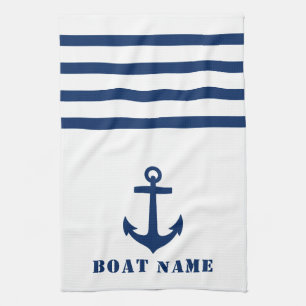 Nautical Classic Anchor Uw Bootnaam Blauwe Streep Theedoek