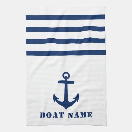 Nautical Classic Anchor Uw Bootnaam Blauwe Streep Theedoek (Verticaal)