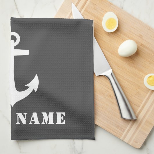 Nautical Classic Anchor Uw Bootnaam Grijs Wit Theedoek (Quarter Fold)