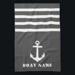 Nautical Classic Anchor Uw Bootnaam Grijs Wit Theedoek<br><div class="desc">Custom Nautical Classic Anchor met uw gepersonaliseerde bootnaam op een stijlvolle grijze keukenhanddoek met witte strepen.</div>