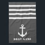 Nautical Classic Anchor Uw Bootnaam Grijs Wit Theedoek<br><div class="desc">Custom Nautical Classic Anchor met uw gepersonaliseerde bootnaam op een stijlvolle grijze keukenhanddoek met witte strepen.</div>