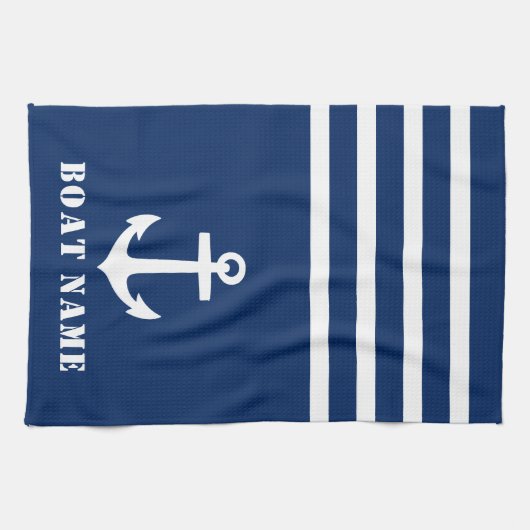 Nautical Classic Anchor Uw Bootnaam Navy Blue Theedoek (Horizontaal)