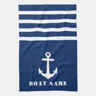 Nautical Classic Anchor Uw Bootnaam Navy Blue Theedoek