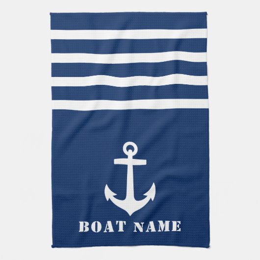 Nautical Classic Anchor Uw Bootnaam Navy Blue Theedoek (Verticaal)