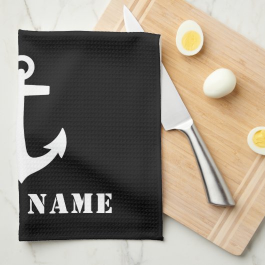 Nautical Classic Anchor Uw Bootnaam Zwart Wit Theedoek (Quarter Fold)
