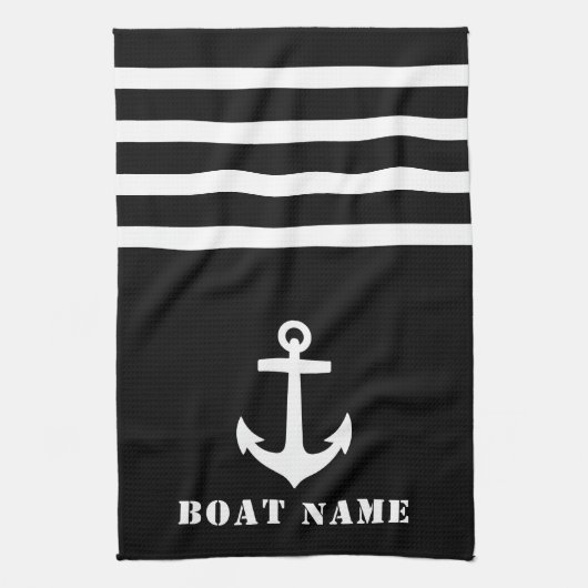 Nautical Classic Anchor Uw Bootnaam Zwart Wit Theedoek (Verticaal)