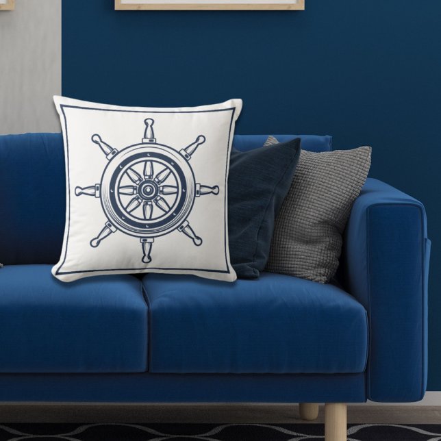 Nautical Coastal Blue Beach House Boat Ship Wheel Kussen (Nautical Coastal Blue Beach House Boat Ship Wheel Throw Pillow)