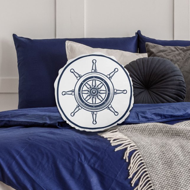 Nautical Coastal Blue Beach House Boat Ship Wheel Rond Kussen (Nautical Coastal Blue Beach House Boat Ship Wheel Round Pillow)